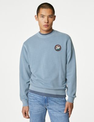 M&S Mens Pure Cotton Graphic Sweatshirt - LREG - Pale Blue, Pale Blue