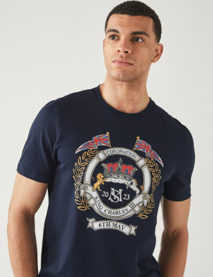 

Mens M&S Collection T-Shirt aus reiner Baumwolle mit Krönungsmotiv-Grafik für Herren - Navy, Navy