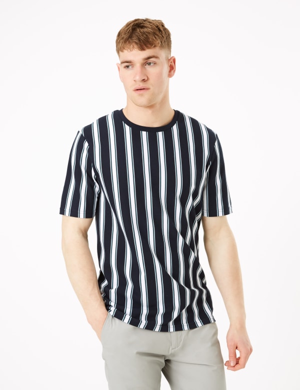 Pure Cotton Vertical Striped Pique T-Shirt