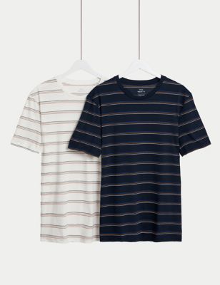 M&S Men's 2pk Pure Cotton Striped T-Shirts - SSTD - Dark Navy Mix, Dark Navy Mix