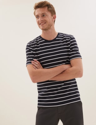 

Mens M&S Collection nPure Cotton Double Knit Striped T-Shirt - Dark Navy, Dark Navy