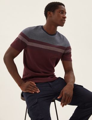 

Mens M&S Collection Pure Cotton Double Knit Striped T-Shirt - Berry, Berry