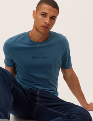 

Mens M&S Collection T-Shirt aus reiner Baumwolle mit Motiv „Take It Easy“ - Dark Petrol, Dark Petrol