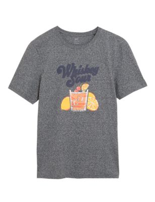 Mens M&S Collection Pure Cotton Whiskey Sour Graphic T-Shirt - Grey