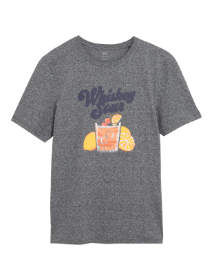 Mens M&S Collection Pure Cotton Whiskey Sour Graphic T-Shirt - Grey