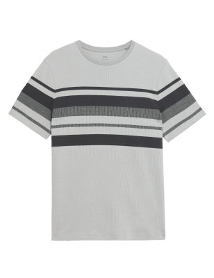 

Mens M&S Collection Pure Cotton Striped Double Knit T-Shirt - Grey Mix, Grey Mix