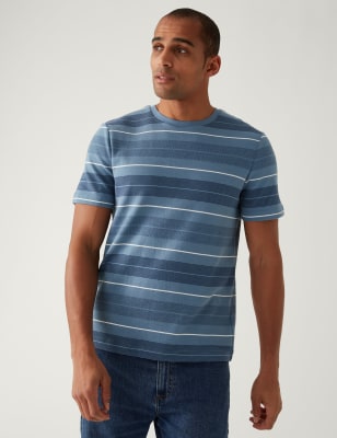 

Mens M&S Collection Pure Cotton Double Knit Striped T-Shirt - Blue Mix, Blue Mix