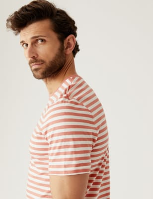 

Mens M&S Collection Pure Cotton Striped T-Shirt - Medium Coral, Medium Coral