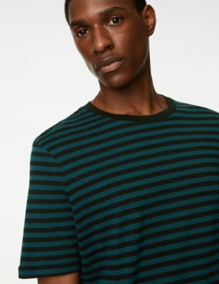 

Mens M&S Collection Gestreiftes T-Shirt aus reiner Baumwolle - Dark Evergreen, Dark Evergreen