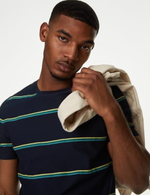 

Mens M&S Collection Pure Cotton Textured Striped T-Shirt - Dark Navy, Dark Navy