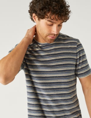 

M&S Collection Camiseta texturizada de rayas de algodónMens - Blue Mix, Blue Mix
