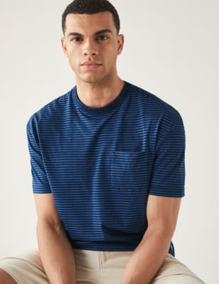 

Mens M&S Collection Pure Cotton Striped T-Shirt - Indigo Mix, Indigo Mix