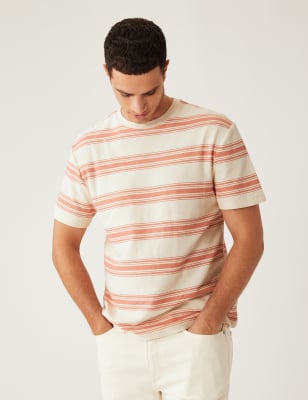 

Mens M&S Collection Bequem geschnittenes T-Shirt aus reiner Baumwolle mit Streifen - Coral Mix, Coral Mix