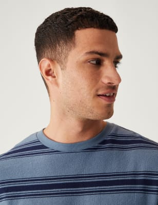 

Mens M&S Collection Bequem geschnittenes T-Shirt aus reiner Baumwolle mit Streifen - Navy Mix, Navy Mix