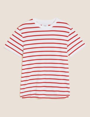 

Mens M&S Collection Pure Cotton Striped Heavy Weight T-Shirt - Red, Red