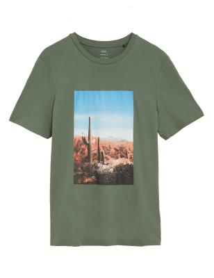 

Mens M&S Collection Pure Cotton Cactus Graphic T-Shirt - Moss Green, Moss Green