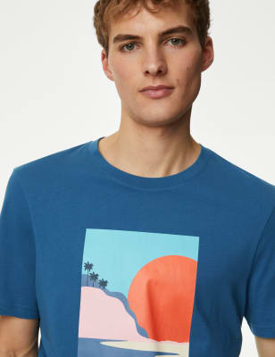 

M&S Collection Camiseta 100% algodón con gráfico de puesta de solMens - Steel Blue, Steel Blue