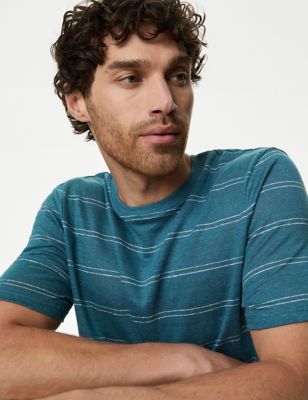 

Mens M&S Collection Linen Rich Striped T-Shirt - Slate Blue, Slate Blue