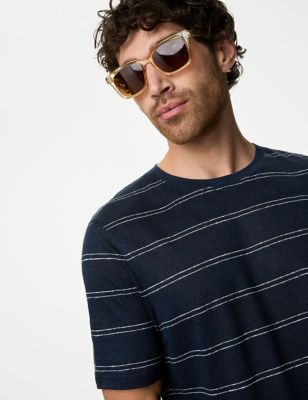

Mens M&S Collection Linen Rich Striped T-Shirt - Navy Mix, Navy Mix