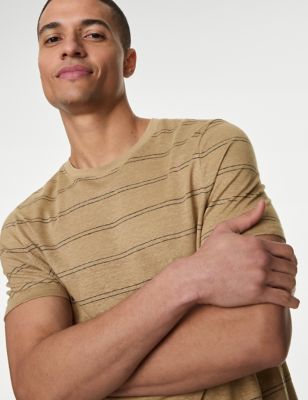 

Mens M&S Collection Linen Rich Striped T-Shirt - Natural Mix, Natural Mix