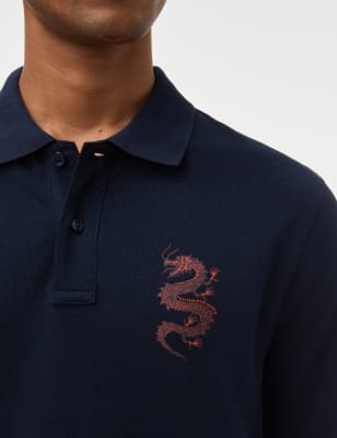 

Mens M&S Collection Piqué-Poloshirt aus reiner Baumwolle mit Drachengrafik - Navy, Navy