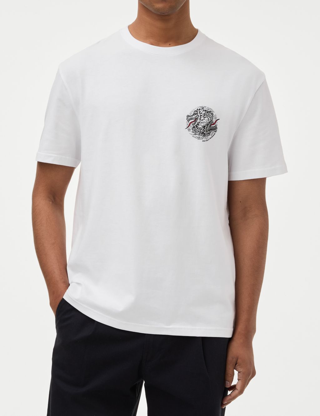 Pure Cotton Crew Neck Dragon Graphic T-Shirt
