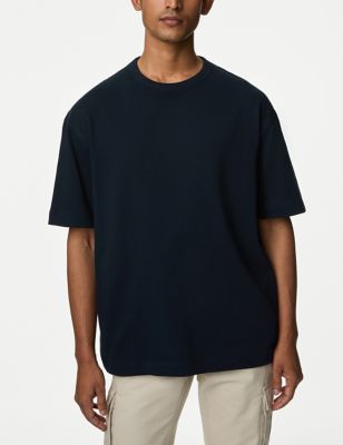 M&S Men's Oversized Pure Cotton Heavy Weight T shirt - MREG - Dark Navy, Dark Navy,Grey Marl,Ecru,Bl