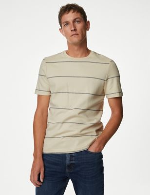 M&S Mens Pure Cotton Double Knit Striped T-Shirt - SREG - Ecru Mix, Ecru Mix,Navy Mix