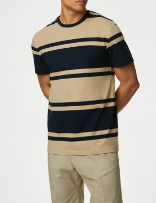 M&S Men's Pure Cotton Colour Block Striped T-Shirt - SREG - Navy Mix, Navy Mix,Ecru Mix