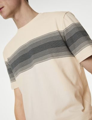 M&S Men's Pure Cotton Striped Crew Neck T-Shirt - SREG - Ecru, Ecru,Dark Navy