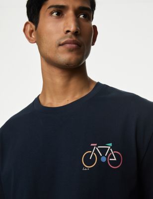 M&S Men's Pure Cotton Bike Graphic T-Shirt - SREG - Dark Navy, Dark Navy