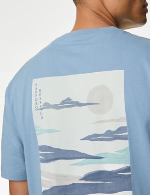 M&S Men's Pure Cotton Japan Graphic T-Shirt - MREG - Light Airforce, Light Airforce