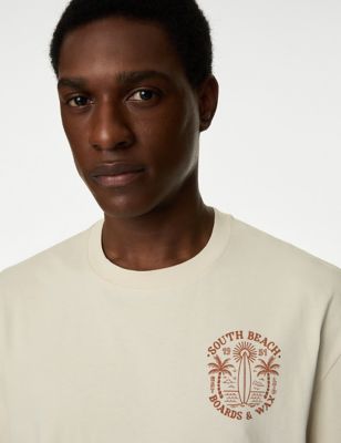 M&S Mens South Beach Graphic T-Shirt - SREG - Ecru, Ecru