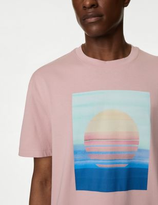 M&S Men's Pure Cotton Sunset Graphic T-Shirt - SREG - Dusty Pink, Dusty Pink