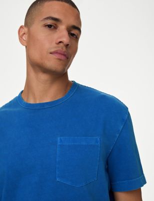 M&S Men's Pure Cotton Crew Neck T-Shirt - SREG - Mid Blue, Mid Blue,Ecru,Citrus,Light Chambray,Moss 