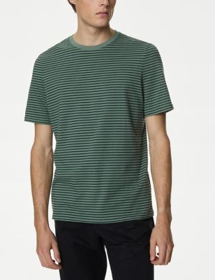 M&S Men's Pure Cotton Striped Crew Neck T-Shirt - SLNG - Green Mix, Green Mix,Ecru Mix,Navy Mix,Ligh