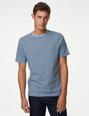 

Mens M&S Collection T-Shirt aus reiner Baumwolle mit Rundhalsausschnitt und Streifendesign - Light Chambray, Light Chambray