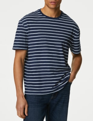 M&S Men's Pure Cotton Striped T-Shirt - MLNG - Dark Indigo, Dark Indigo,Light Indigo