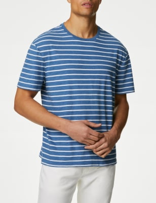 

Mens M&S Collection Gestreiftes T-Shirt aus reiner Baumwolle mit aufgesticktem M&S-Logo - Light Indigo, Light Indigo