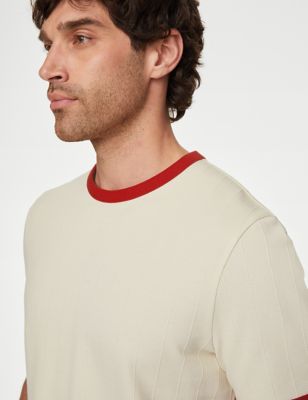 M&S Men's Cotton Rich Textured T-Shirt - SREG - Ecru, Ecru