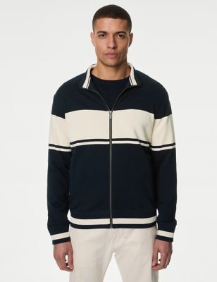 M&S Mens Pure Cotton Colour Block Zip Up Sweatshirt - XXLREG - Dark Navy, Dark Navy