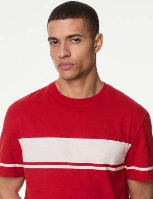 M&S Men's Pure Cotton Crew Neck Chest Stripe T-Shirt - SREG - Bright Red, Bright Red