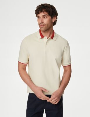M&S Men's Cotton Rich Textured Polo Shirt - SREG - Ecru, Ecru