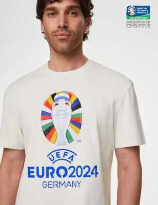 M&S Mens UEFA EURO2024 Pure Cotton T-Shirt - SREG - Ecru, Ecru,Dark Navy