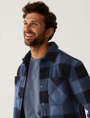 

Mens M&S Collection Polar Fleece Checked Overshirt - Dark Blue, Dark Blue