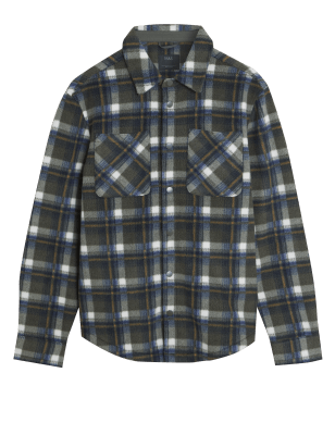 

Mens M&S Collection Polar Fleece Checked Overshirt - Dark Khaki, Dark Khaki