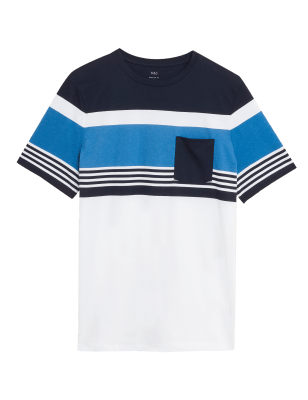 

Mens M&S Collection Pure Cotton Colour Block Crew Neck T-Shirt - Dark Navy, Dark Navy