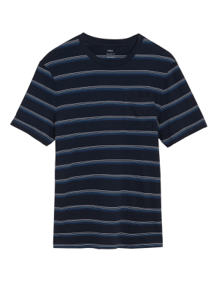 

Mens M&S Collection T-Shirt aus reiner Baumwolle mit Rundhalsausschnitt und Streifendesign - Dark Navy, Dark Navy