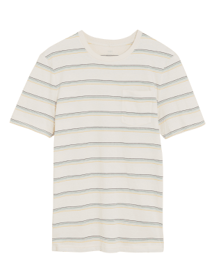 

Mens M&S Collection Pure Cotton Striped Crew Neck T-Shirt - Ecru, Ecru