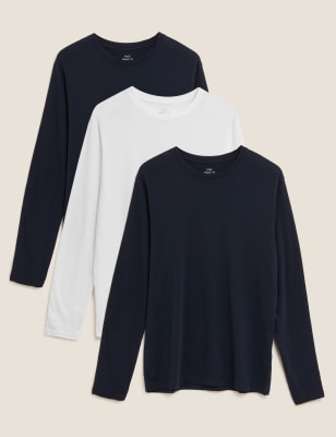 

Mens M&S Collection 3er-Pack Langarm-T-Shirts aus reiner Baumwolle - Navy Mix, Navy Mix